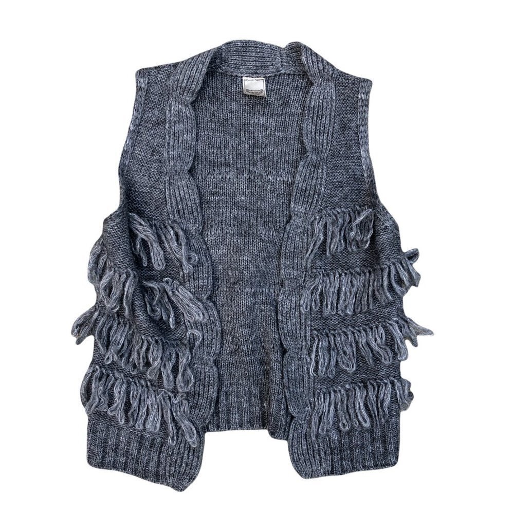 PUFF & BEAR Women's Fringe Wool Blend Vest LARGE Grey Knit Sleeveless Jacket‌‌‌‌
